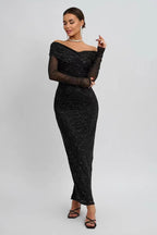 Black Strapless Mesh Long Sleeve Maxi Dress