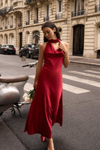 Satin V-Neck Halter Backless Maxi Dress