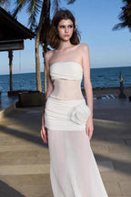 Strapless Ruched Sheer Mesh Floral Rosette Applique Maxi Dress