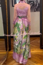 Seeds of Happiness Tulle Floral Print Elastic Waist Belt Pocketed Maxi Skirt