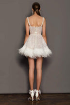 Feather Sequin Strapless Party Dress
