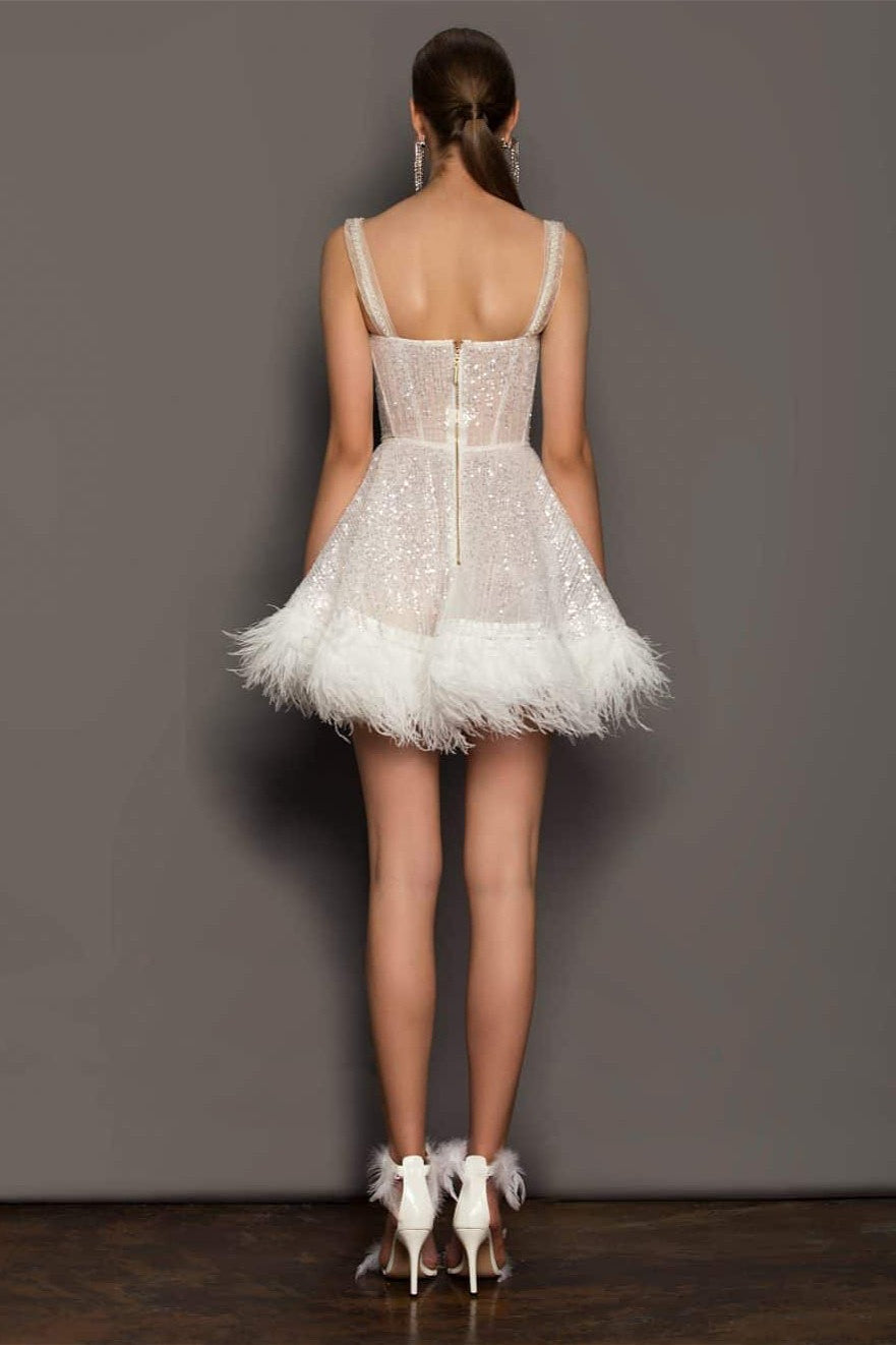 Feather Sequin Strapless Party Dress