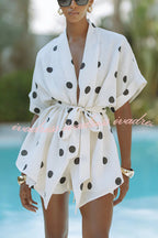 Playful Linen Blend Polka Dot Tie-up Kimono Top and Elastic Waist Pocket Shorts Set