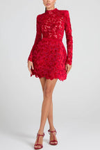 Burnout Velvet Floral Lace Mock Neck Long Sleeve Bodycon Mini Dress