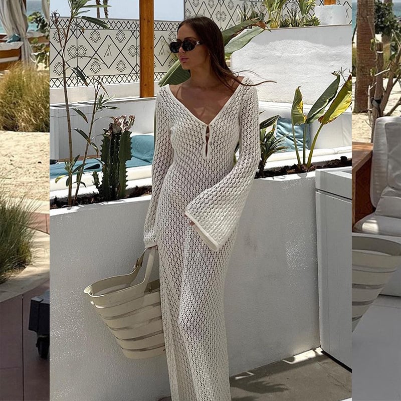 Crochet Deep V-Neck Bell Sleeve Open Knit Maxi Dress