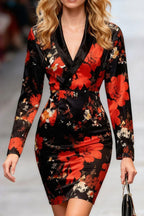 Floral Print V-neck Long-sleeved Slim-fit Mini Dress