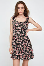 Floral Print Tie Shoulder Ruffle Hem Mini Dress