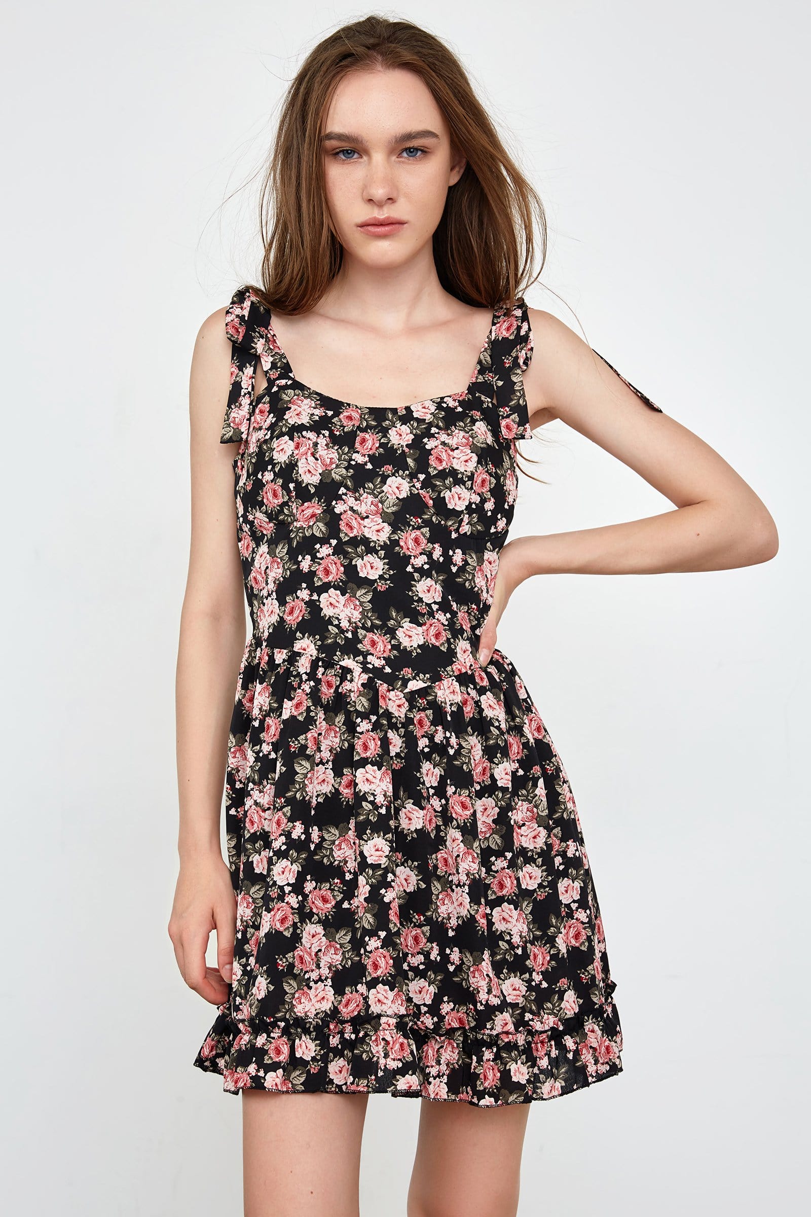 Floral Print Tie Shoulder Ruffle Hem Mini Dress
