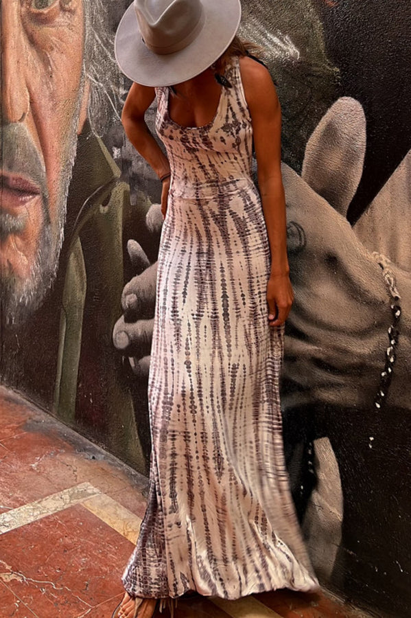 Tie Dye Print Multi Strap Open Back Bodycon Maxi Dress