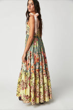 Smocked Sweetheart Bow Shoulder Strap Patchwork Floral Tiered Maxi Dress