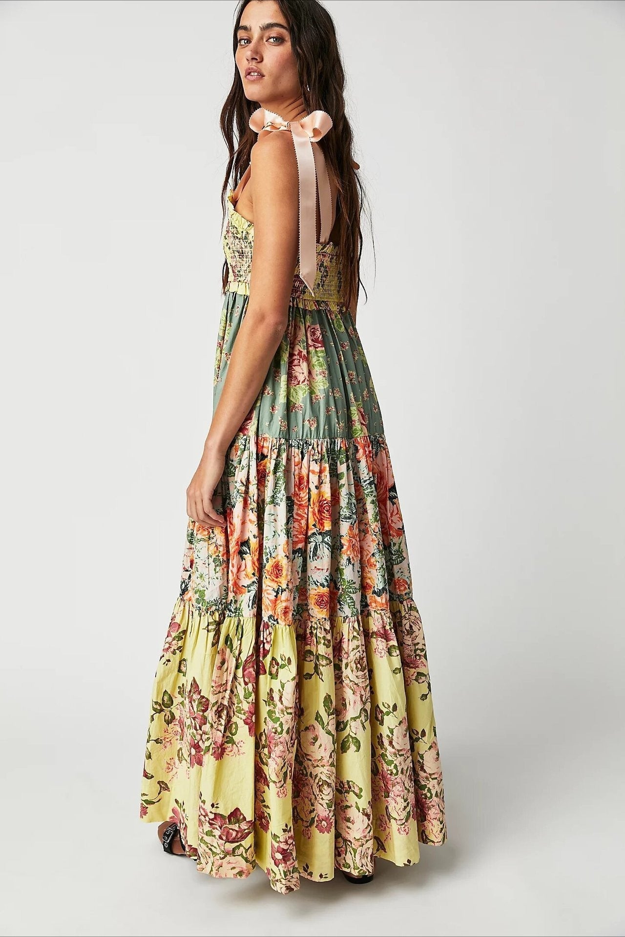 Smocked Sweetheart Bow Shoulder Strap Patchwork Floral Tiered Maxi Dress