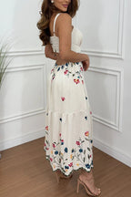 Vanie Linen Blend  Floral Print Cutout Waist Back Smocked Slit Maxi Dress