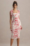 Square Neck Bow Strap Ruched Floral Toile Bodycon Midi Dress