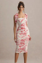 Square Neck Bow Strap Ruched Floral Toile Bodycon Midi Dress