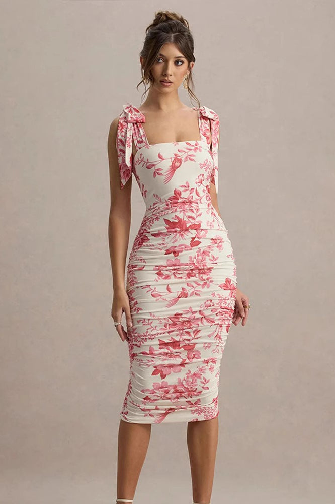 Square Neck Bow Strap Ruched Floral Toile Bodycon Midi Dress