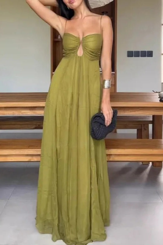 Spaghetti Strap Ruched Keyhole Bodice Crinkle Texture Flowy Maxi Dress