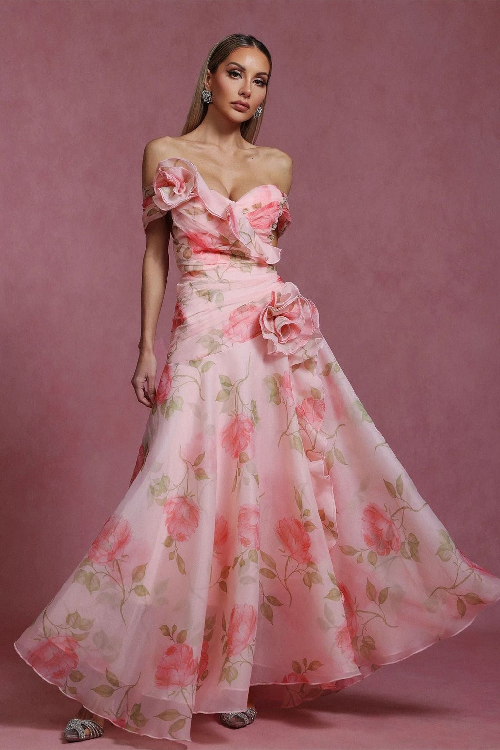 Pink Off Shoulder Sweetheart 3D Applique Floral Print A-Line Maxi Dress