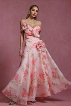 Pink Off Shoulder Sweetheart 3D Applique Floral Print A-Line Maxi Dress