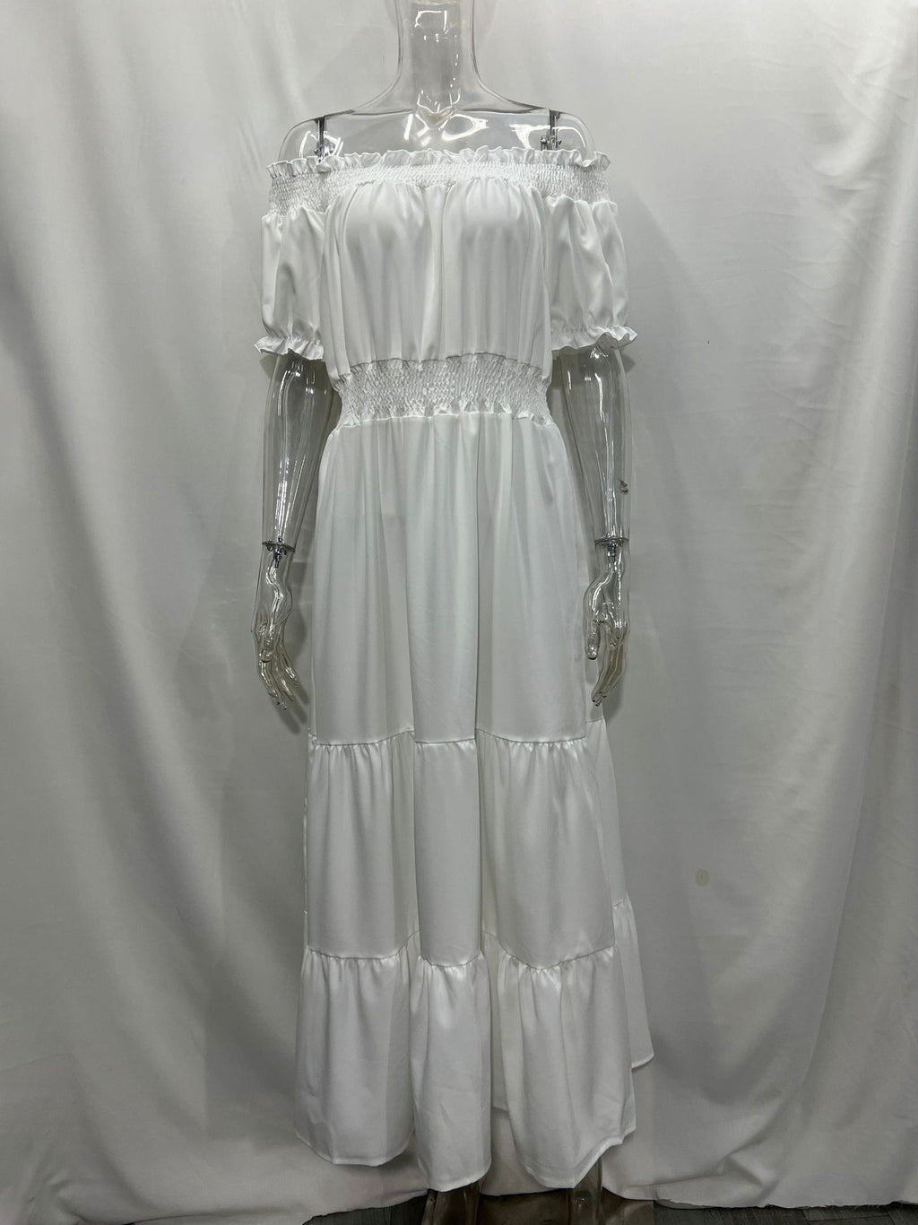 Off Shoulder Smocked Maxi Dress For Women - Boho Tiered A-Line Beach Gown with Puffy Sleeves - Summer Vacation 2026