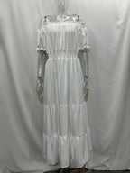 Off Shoulder Smocked Maxi Dress For Women - Boho Tiered A-Line Beach Gown with Puffy Sleeves - Summer Vacation 2026