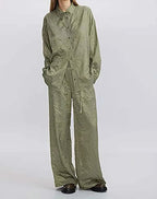 Green Pleated Drawstring Trousers Office Two Piece Set