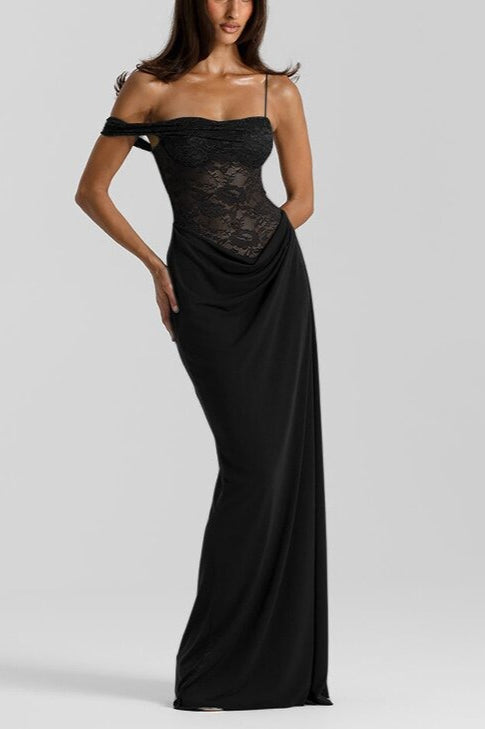 Lace Sweetheart One Shoulder Spaghetti Strap Draped Cowl Mermaid Maxi Dress