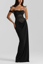 Lace Sweetheart One Shoulder Spaghetti Strap Draped Cowl Mermaid Maxi Dress