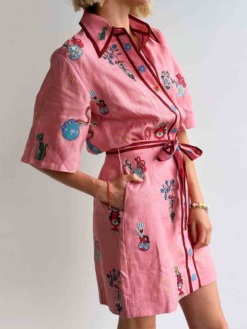 Whimsical Embroidery Shirt Collar Button Tie Waist Mini Dress