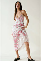 Deep V Neck Tie Front Patchwork Floral Lace Tiered Maxi Dress