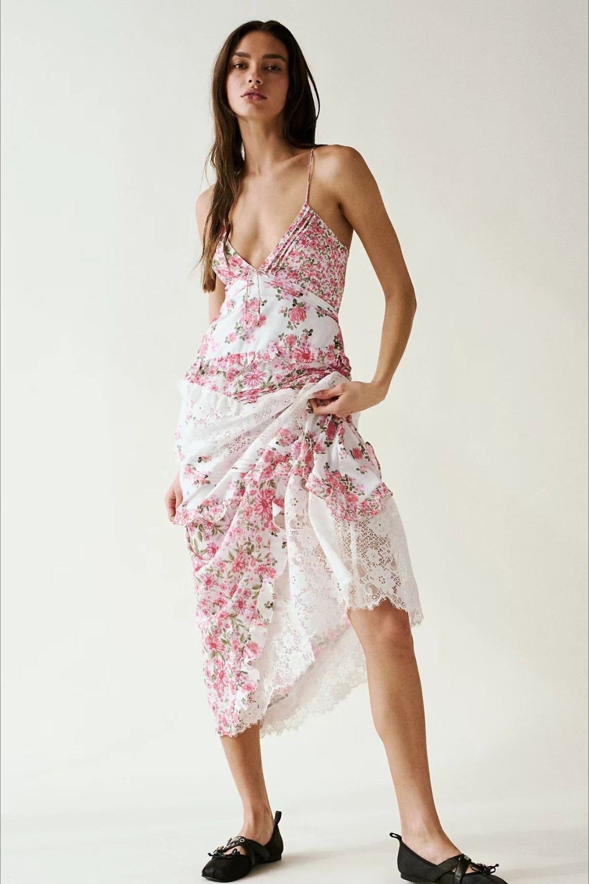 Deep V Neck Tie Front Patchwork Floral Lace Tiered Maxi Dress