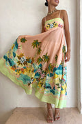 Tropical Palm Print Scallop Trim Spaghetti Strap Maxi Dress