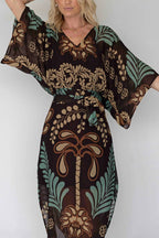 Bohemian Style Unique Printed Chiffon Loose-fitting Belted Maxi Dress