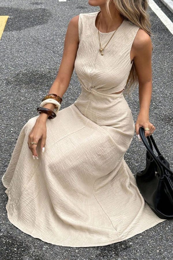 Solid Color Round Neck Sleeveless Hollowed-out Waist Knot Casual Maxi Dress