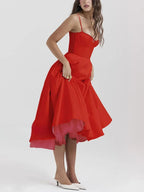 Sweetheart Bustier Lace Trim Satin Fit and Flare Midi Dress
