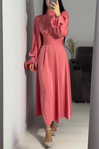 Mock Neck Bishop Sleeve Ruched Waist Satin Maxi Dress