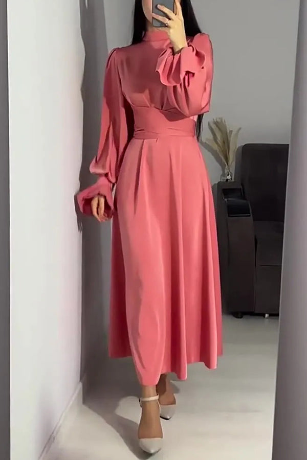 Mock Neck Bishop Sleeve Ruched Waist Satin Maxi Dress
