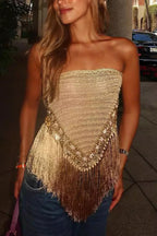 Fashionable Sleeveless Off-shoulder Tassel Hem Strapless Top