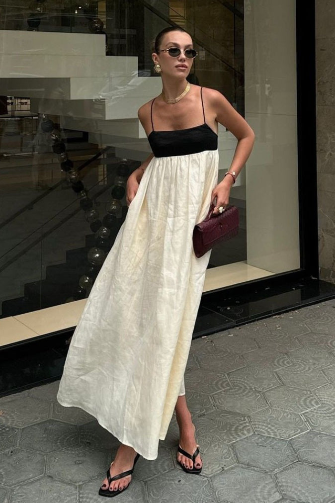 Beige Spaghetti Strap Square Neck Empire Waist Gathered Patchwork Maxi Dress