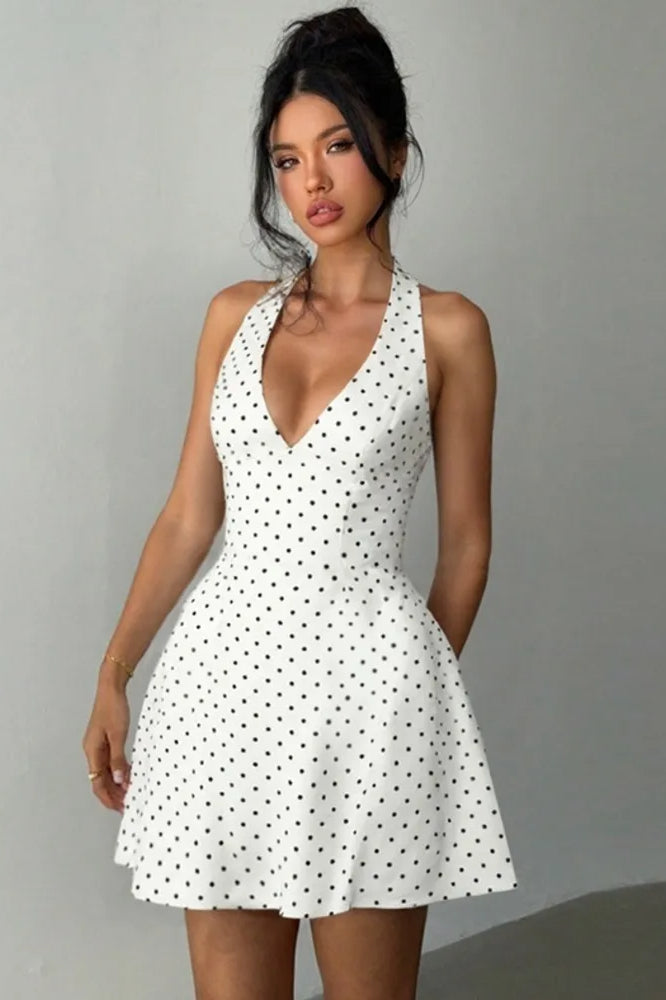 Polka Dot Halter Neck Deep V-Neck Fit and Flare A-Line Mini Dress