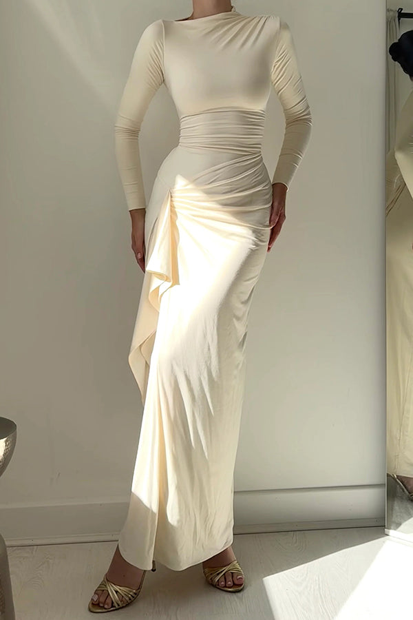 Long Sleeve Crew Neck Side Ruched Cascading Drape Panel Maxi Dress