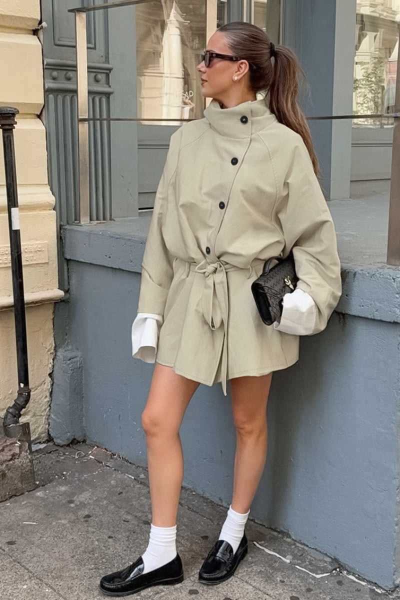 Tailored Stand Collar Tie Waist Slim A Line Mini Dress