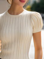 Round Neckline Ribbed Puff Sleeve Knit Top