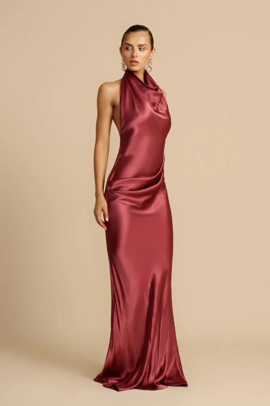 Satin Halter Neck Cowl Draped Bias Cut Trumpet Maxi Gown