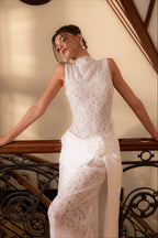 Sleeveless High Neck Flower Lace Patchwork Reception Dress