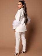 Pant Set Lapel Deep V-Neck Feathers Sexy Women Suits