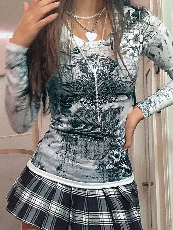 Vintage Cross Flower Print Slim Long Sleeve Tee
