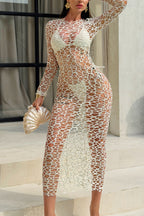 Solid Color Stretch Two-piece Bikini Swimsuit and Hollowed-out Long-sleeved Slim-fit Cover-up Maxi Dress Set