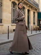 Belted Full Length Maxi Woolen Coat With Lapel And Big Pockets For Women 2026