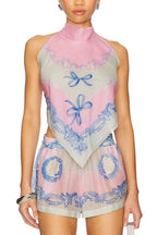 Amalfi Coast Satin Unique Print Scarf Top and Elastic Waist Pocket Loose Shorts Set