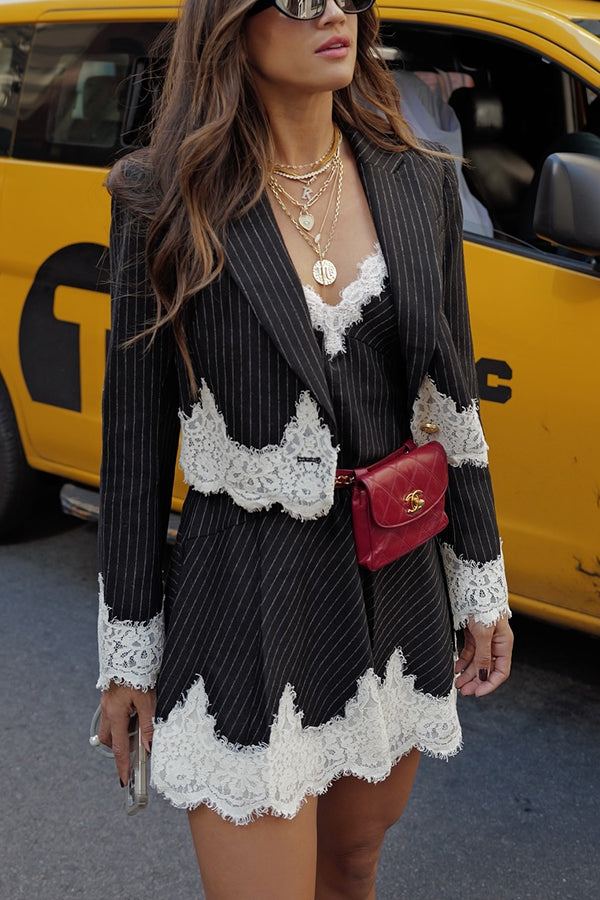 Pinstripe Lace Trim Cropped Blazer and Mini Skirt Two Piece Set